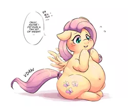 Size: 1600x1400 | Tagged: safe, alternate version, artist:verydefinitelyawolf, derpibooru import, fluttershy, pegasus, pony, belly, belly button, big belly, embarrassed, fat, fattershy, female, mare, simple background, solo, weight gain, white background