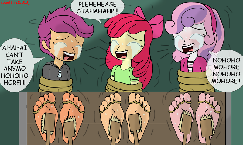 Size: 1400x840 | Tagged: suggestive, artist:countfire, derpibooru import, apple bloom, scootaloo, sweetie belle, equestria girls, barefoot, blushing, bondage, brush, clothes, crying, cutie mark crusaders, erotic tickling, eyes closed, feet, female, females only, fetish, foot fetish, gradient background, green background, headband, hoodie, laughing, no more ponies at source, open mouth, rope, rope bondage, simple background, stocks, sweat, tears of laughter, tickle fetish, tickle torture, tickling, toe tied, toes