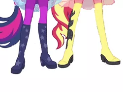 Size: 2048x1536 | Tagged: safe, artist:superbobiann, derpibooru import, edit, edited screencap, screencap, sci-twi, sunset shimmer, twilight sparkle, equestria girls, equestria girls series, forgotten friendship, background removed, boots, high heel boots, legs, pictures of legs, ponied up, ponytail, shoes, simple background, stars, white background