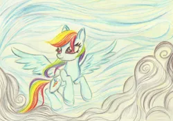 Size: 2500x1749 | Tagged: safe, artist:pedrohander, derpibooru import, rainbow dash, pegasus, pony, flying, solo, spread wings, traditional art, wings