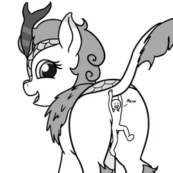 Size: 1280x1280 | Tagged: suggestive, artist:mkogwheel, derpibooru import, autumn blaze, human, kirin, season 8, sounds of silence, black and white, female, grayscale, horn, looking at you, looking back, looking back at you, macro, micro, misleading thumbnail, monochrome, open mouth, plot, simple background, solo, solo female, strategically covered, white background