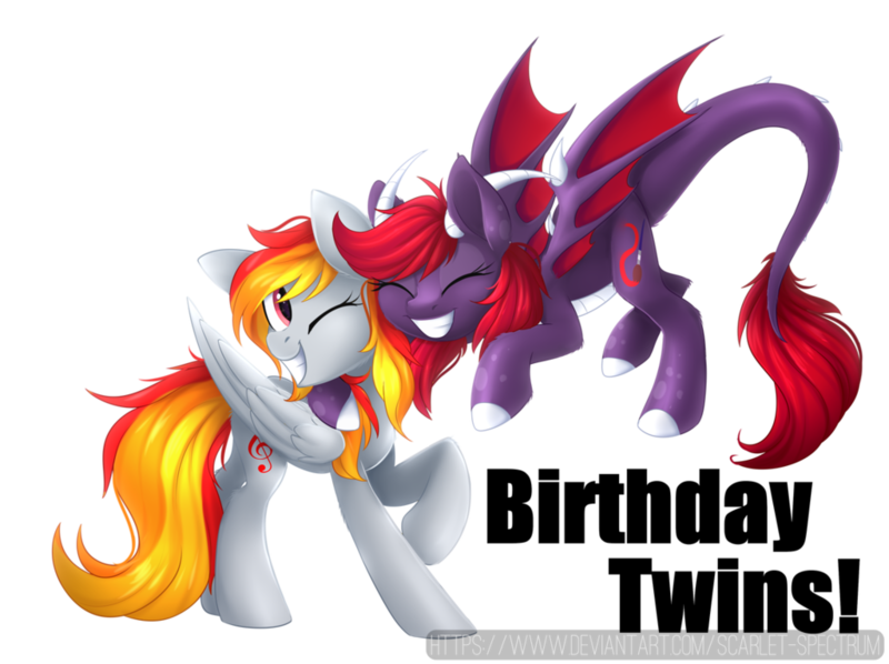 Size: 1024x766 | Tagged: safe, artist:scarlet-spectrum, derpibooru import, oc, oc:scarlet spectrum, oc:tridashie, dracony, hybrid, pegasus, pony, birthday, birthday gift, digital art, duo, eyes closed, female, flying, happy, mare, one eye closed, signature, simple background, smiling, text, transparent background