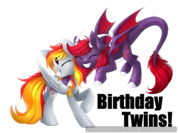 Size: 1024x766 | Tagged: safe, artist:scarlet-spectrum, derpibooru import, oc, oc:scarlet spectrum, oc:tridashie, dracony, hybrid, pegasus, pony, birthday, birthday gift, digital art, duo, eyes closed, female, flying, happy, mare, one eye closed, signature, simple background, smiling, text, transparent background