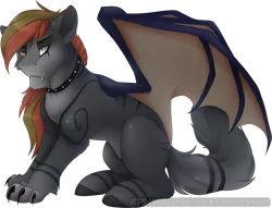 Size: 770x588 | Tagged: safe, artist:scarlet-spectrum, derpibooru import, oc, oc:zorah, unofficial characters only, cat pony, hybrid, original species, pony, amputee, art trade, bushy tail, cat tail, claws, digital art, fangs, female, heterochromia, mare, missing limb, one wing, paws, signature, simple background, solo, transparent background