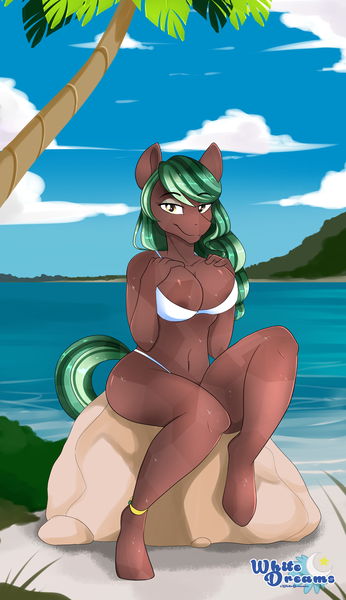 Size: 2307x4000 | Tagged: anthro, anthro oc, areola, areola slip, artist:xwhitedreamsx, beach, breasts, commission, crystal pony, derpibooru import, female, oc, ocean, oc:peridot pendant, palm tree, questionable, rock, sand, smiling, solo, tree, unguligrade anthro, unofficial characters only, water, ych result