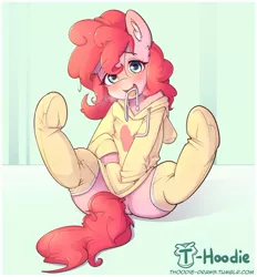 Size: 934x1005 | Tagged: suggestive, artist:apony, derpibooru import, pinkie pie, earth pony, pony, adorasexy, blushing, clothes, cute, diapinkes, female, hoodie, lace in mouth, mare, sexy, socks, solo, solo female, stockings, thigh highs, vaginal secretions, visible breath