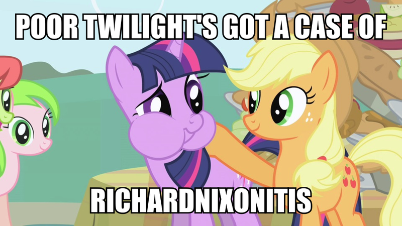 Size: 960x540 | Tagged: safe, derpibooru import, edit, edited screencap, screencap, applejack, peachy sweet, red gala, twilight sparkle, earth pony, pony, unicorn, friendship is magic, apple family member, image macro, meme, puffy cheeks, richard nixon, unicorn twilight