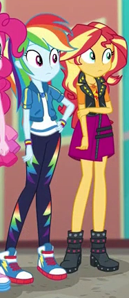 Size: 187x431 | Tagged: safe, derpibooru import, screencap, rainbow dash, sunset shimmer, equestria girls, equestria girls series, rollercoaster of friendship, boots, clothes, converse, cropped, female, geode of empathy, geode of super speed, high heel boots, jacket, magical geodes, pants, shoes, skirt, sneakers