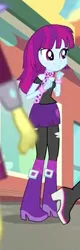 Size: 147x460 | Tagged: safe, derpibooru import, screencap, mystery mint, equestria girls, equestria girls series, rollercoaster of friendship, background human, boots, clothes, cropped, female, high heel boots, miniskirt, pantyhose, ripped pantyhose, scarf, shoes, skirt, smiling