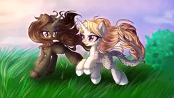 Size: 3840x2160 | Tagged: safe, artist:chaosangeldesu, derpibooru import, oc, oc:alexis, oc:neysa, unofficial characters only, big cat, pony, snow leopard, unicorn, duo, female, grass, high res, mare, trotting, wallpaper