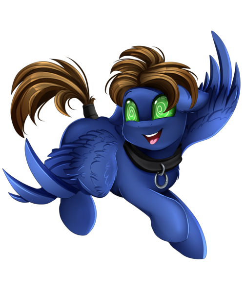 Size: 2850x3409 | Tagged: safe, artist:pridark, derpibooru import, oc, oc:happy, oc:inkwork, pegasus, pony, commission, flying, hypnosis, hypnotized, male, open mouth, simple background, solo, spread wings, swirly eyes, tongue out, transparent background, wings