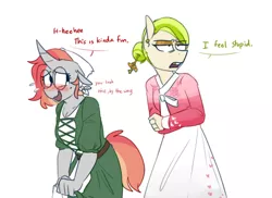 Size: 946x687 | Tagged: anthro, artist:redxbacon, changeling, changeling oc, clothes, derpibooru import, disguise, disguised changeling, duo, female, hanbok, oc, oc:golden keylime, oc:scribble snug, safe