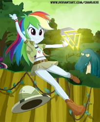 Size: 731x893 | Tagged: safe, artist:charliexe, derpibooru import, rainbow dash, lizard, eqg summertime shorts, equestria girls, leaping off the page, belly button, belt, boots, clothes, explorer, explorer outfit, female, hat, jungle, legs, midriff, pith helmet, schrödinger's pantsu, shirt, shoes, skirt, smiling, swinging, the legend of zelda, the undisputed era, thighs, tree, triforce, wwe