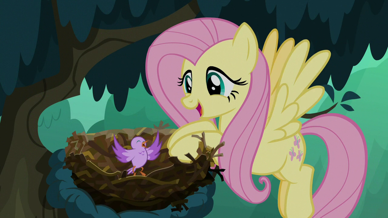 Size: 1280x720 | Tagged: safe, derpibooru import, screencap, fluttershy, bird, pegasus, pony, season 8, the mean 6, bird nest, chick, cute, duo, female, flying, happy, kindness, mare, nest, open mouth, shyabetes, spread wings, tree, wings