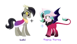 Size: 1070x614 | Tagged: safe, artist:andy-hazards, derpibooru import, oc, oc:loki, oc:topsy turvy, unofficial characters only, draconequus, hybrid, pony, base used, brother and sister, cape, clothes, cloven hooves, colored sclera, draconequus oc, duo, female, interspecies offspring, leonine tail, male, offspring, parent:discord, parent:princess celestia, parents:dislestia, simple background, stallion, transparent background