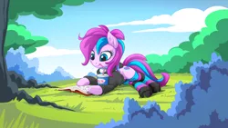 Size: 2560x1440 | Tagged: safe, artist:mysticalpha, derpibooru import, oc, oc:panda shade, unofficial characters only, earth pony, pony, book, clothes, commission, female, hoodie, milkshake, outdoors, reading, socks, solo, striped socks, tree