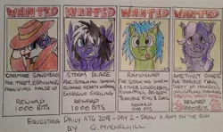 Size: 1043x619 | Tagged: safe, artist:rapidsnap, derpibooru import, rarity, oc, oc:amethyst shade, oc:rapidsnap, oc:stormblaze, carmen sandiego, tongue out, traditional art, wanted poster