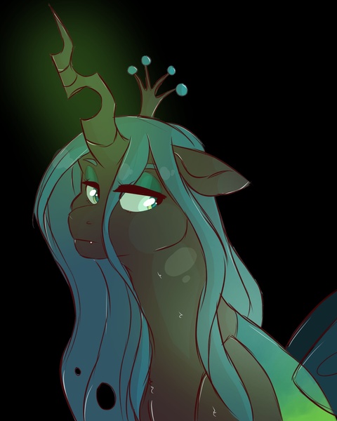 Size: 1600x2000 | Tagged: artist:canisrettmajoris, black background, changeling, derpibooru import, female, glowing horn, queen chrysalis, safe, simple background, solo