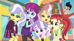 Size: 1920x1080 | Tagged: safe, derpibooru import, screencap, diamond tiara, mystery mint, rose heart, upper crust, vignette valencia, equestria girls, equestria girls series, rollercoaster of friendship, clothes, crystal prep academy uniform, peace sign, photobomb, school uniform, silly face, tongue out