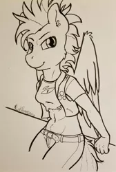 Size: 1439x2138 | Tagged: alternate hairstyle, anthro, artist:punk-pegasus, belly button, belt, clothes, derpibooru import, midriff, mohawk, monochrome, piercing, punk, rainbow dash, ripping clothes, safe, short shirt, solo, traditional art