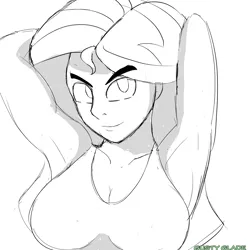 Size: 1000x1000 | Tagged: suggestive, artist:gusty glade, derpibooru import, sunset shimmer, equestria girls, arm behind head, armpits, breasts, cleavage, clothes, explicit source, female, monochrome, smiling, solo, sports bra