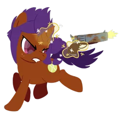 Size: 1007x954 | Tagged: safe, artist:phat_guy, derpibooru import, pony, unicorn, atg 2018, cutie mark, enter the gungeon, female, glowing horn, gritted teeth, gun, handgun, hooves, horn, levitation, magic, mare, newbie artist training grounds, revolver, running, shooting, simple background, solo, telekinesis, transparent background, weapon