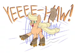 Size: 2200x1500 | Tagged: safe, artist:heir-of-rick, derpibooru import, applejack, earth pony, pony, boots, cowboy boots, cowboy hat, female, hat, mare, open mouth, roller skates, shoes, skating, smiling, yeehaw