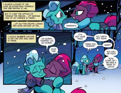 Size: 1016x783 | Tagged: safe, artist:andypriceart, derpibooru import, idw, fizzlepop berrytwist, glitter drops, tempest shadow, pony, unicorn, spoiler:comic, spoiler:comic68, armor, broken horn, clothes, comic, cropped, crying, duo, eye scar, eyes closed, female, mare, official comic, reconciliation, remorse, scar, scarf, snow, speech bubble