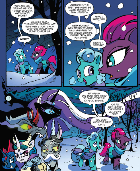 Size: 988x1204 | Tagged: safe, artist:andypriceart, derpibooru import, idw, accord, glitter drops, king sombra, nightmare rarity, princess celestia, princess luna, queen chrysalis, tempest shadow, draconequus, pony, unicorn, spoiler:comic, spoiler:comic68, antagonist, armor, broken horn, clothes, comic, cropped, evil celestia, evil luna, evil sisters, eye scar, female, male, mare, official comic, saddle bag, scar, scarf, snow, speech bubble