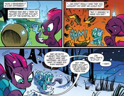 Size: 973x750 | Tagged: safe, artist:andypriceart, derpibooru import, idw, glitter drops, spring rain, tempest shadow, pony, unicorn, spoiler:comic, spoiler:comic68, armor, ball, broken horn, clothes, colt, comic, cropped, crying, explosion, eye scar, female, filly, flashback, magic, male, mare, official comic, saddle bag, scar, scarf, snow, sparking horn, speech bubble, telekinesis