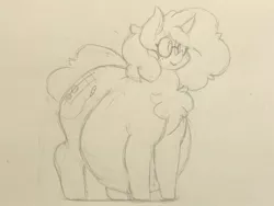 Size: 1280x960 | Tagged: suggestive, artist:somefrigginnerd, derpibooru import, oc, oc:gadget flare, pony, unicorn, belly, big belly, chest fluff, fat, female, glasses, monochrome, pencil drawing, simple background, sketch, solo, solo female, traditional art