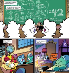 Size: 1060x1125 | Tagged: safe, artist:andypriceart, derpibooru import, idw, glitter drops, observer (character), spring rain, sunset shimmer, pony, unicorn, spoiler:comic, spoiler:comic68, 42, bed, book, chalkboard, colt, comic, cropped, eyes closed, female, filly, hitchhiker's guide to the galaxy, magic mirror, male, night, official comic, pennant, professor snape, school, silhouette, sleeping, snoring, zzz