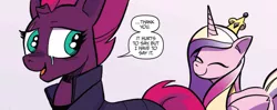 Size: 1047x414 | Tagged: safe, artist:andypriceart, derpibooru import, idw, princess cadance, tempest shadow, pony, unicorn, spoiler:comic, spoiler:comic68, armor, broken horn, cropped, crying, duo, eye scar, eyes closed, female, mare, official comic, pink background, scar, simple background, speech bubble, tears of joy