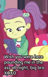 Size: 1024x1624 | Tagged: suggestive, derpibooru import, edit, edited screencap, screencap, lily pad (equestria girls), equestria girls, equestria girls series, pinkie sitting, caption, cropped, female, implied anal, implied incest, implied sex, solo