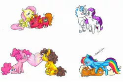 Size: 2123x1422 | Tagged: safe, artist:ask-y, derpibooru import, big macintosh, cheese sandwich, fancypants, fluttershy, pinkie pie, quibble pants, rainbow dash, rarity, behaving like a dog, blush sticker, blushing, bubblegum, cheesepie, female, fluttermac, food, gum, heart, kiss on the cheek, kissing, male, petting, quibbledash, raripants, shipping, simple background, straight, tail wag, tongue out, traditional art, white background
