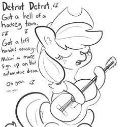 Size: 1650x1650 | Tagged: safe, artist:tjpones, derpibooru import, applejack, earth pony, pony, acoustic guitar, dialogue, ear fluff, eyes closed, female, grayscale, guitar, lyrics, mare, monochrome, music notes, papa hobo, paul simon, simple background, singing, sketch, solo, song reference, text, white background