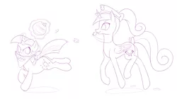 Size: 1200x671 | Tagged: safe, artist:dstears, derpibooru import, princess cadance, twilight sparkle, alicorn, unicorn, bandana, bow, cookie, cookie jar, cute, female, filly, filly twilight sparkle, food, game, glowing horn, magic, monochrome, police hat, simple background, sketch, smiling, tail bow, unicorn twilight, white background, younger