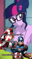 Size: 1024x1878 | Tagged: suggestive, artist:thebrokencog, derpibooru import, edit, sci-twi, twilight sparkle, equestria girls, breasts, busty sci-twi, busty twilight sparkle, captain america, caption, censored, don't look at her, explicit source, lip bite, meme, nudity