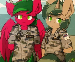 Size: 2550x2100 | Tagged: safe, artist:bbsartboutique, derpibooru import, oc, oc:cotton, oc:melon specter, unofficial characters only, anthro, pegasus, unicorn, anthro oc, arm behind back, australia, camouflage, clothes, duo, epaulettes, looking at you, male, military uniform, navy, sea patrol, serious, uniform
