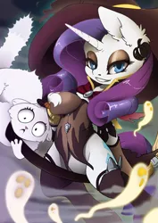 Size: 566x800 | Tagged: safe, artist:arctic-fox, derpibooru import, opalescence, rarity, cat, ghost, unicorn, 2017, broom, clothes, cosplay, costume, ear fluff, female, hat, mare, mercy, overwatch, witch, witch hat, witch mercy