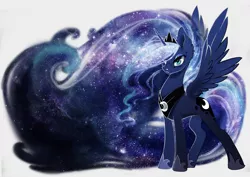 Size: 2500x1768 | Tagged: safe, artist:arctic-fox, derpibooru import, princess luna, alicorn, pony, ethereal mane, female, fluffy, freckles, galaxy mane, looking at you, mare, simple background, solo, spread wings, white background, wings