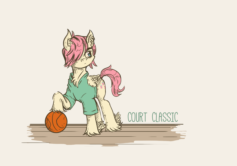 Size: 1581x1104 | Tagged: safe, artist:dreamingnoctis, derpibooru import, fluttershy, pegasus, pony, alternate hairstyle, ball, basketball, butterscotch, clothes, ear fluff, male, rule 63, shirt, solo, sports, stallion, text, unshorn fetlocks