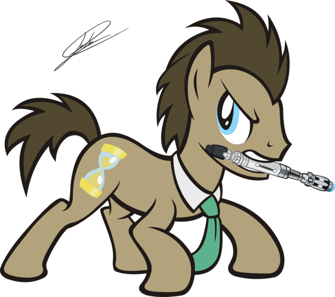 Size: 5062x4496 | Tagged: safe, artist:dsonic720, artist:icey-wicey-1517, color edit, derpibooru import, edit, doctor whooves, time turner, earth pony, pony, absurd resolution, colored, doctor who, male, mouth hold, necktie, simple background, solo, sonic screwdriver, stallion, transparent background