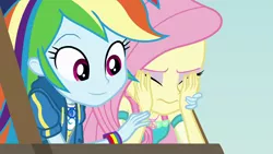 Size: 1920x1080 | Tagged: safe, derpibooru import, screencap, fluttershy, rainbow dash, equestria girls, equestria girls series, rollercoaster of friendship, covering eyes, geode of fauna, geode of super speed, magical geodes, scared, shipping fuel, smiling
