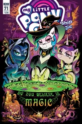 Size: 1186x1800 | Tagged: safe, artist:andypriceart, derpibooru import, idw, princess cadance, princess celestia, princess luna, alicorn, cat, pony, spoiler:comic, spoiler:comic71, bedroom eyes, candle, cauldron, clothes, do you believe in magic?, female, halloween, hat, holiday, hood, jack-o-lantern, looking at you, mare, my little pony logo, nightmare night, photo, pumpkin, skull, staff, trio, witch, witch hat