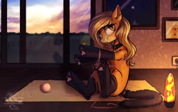 Size: 3762x2358 | Tagged: safe, artist:vincher, derpibooru import, oc, oc:mistie pone, unofficial characters only, earth pony, pony, behaving like a cat, cat tail, clothes, collar, commission, female, lava lamp, looking at you, mare, paw socks, sitting, socks, solo, tongue out, yarn, yarn ball, ych result
