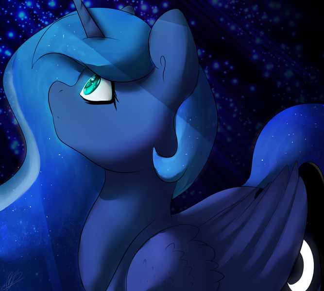 Size: 1082x974 | Tagged: safe, artist:tigra0118, derpibooru import, princess luna, alicorn, pony, bust, colored pupils, female, mare, night, portrait, solo, stars