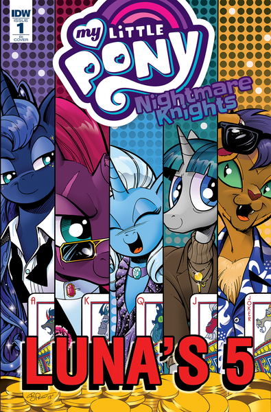 Size: 1186x1800 | Tagged: safe, artist:andypriceart, derpibooru import, idw, capper dapperpaws, discord, king sombra, lord tirek, princess luna, queen chrysalis, storm king, stygian, tempest shadow, trixie, abyssinian, alicorn, anthro, pony, unicorn, my little pony: the movie, nightmare knights, spoiler:comic, spoiler:comicnightmareknights01, andy you magnificent bastard, anthro with ponies, comic, cover, eye scar, female, male, mare, ocean's eleven, parody, scar, stallion, sunglasses