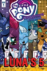 Size: 1186x1800 | Tagged: safe, artist:andypriceart, derpibooru import, idw, capper dapperpaws, discord, king sombra, lord tirek, princess luna, queen chrysalis, storm king, stygian, tempest shadow, trixie, abyssinian, alicorn, anthro, pony, unicorn, my little pony: the movie, nightmare knights, spoiler:comic, spoiler:comicnightmareknights01, andy you magnificent bastard, anthro with ponies, comic, cover, eye scar, female, male, mare, ocean's eleven, parody, scar, stallion, sunglasses