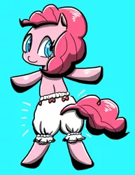 Size: 640x827 | Tagged: safe, artist:asg, derpibooru import, pinkie pie, earth pony, pony, clothes, female, looking at you, looking back, looking back at you, mare, shorts, simple background, solo